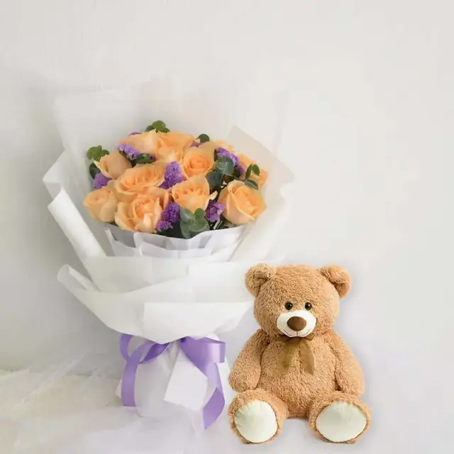 Peach perfection Bouquet and Teddy Bear