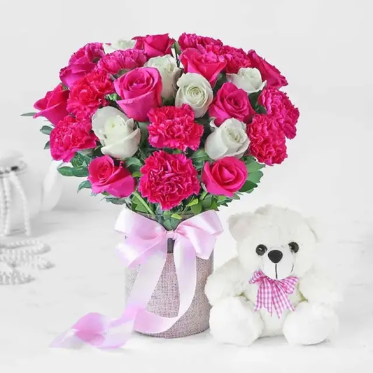 Sweet Hug Flower Arrangement and Teddy Bear