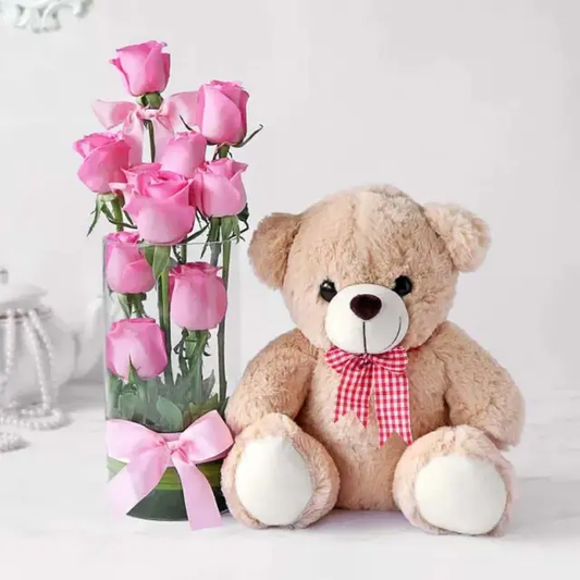 Pink Roses Steps and teddy bear