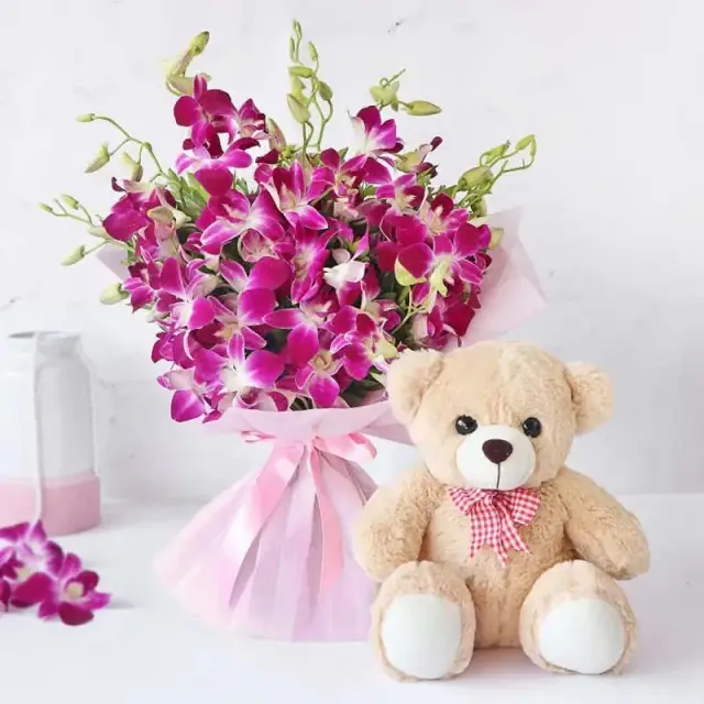 Purple Orchid Bouquet and teddy bear