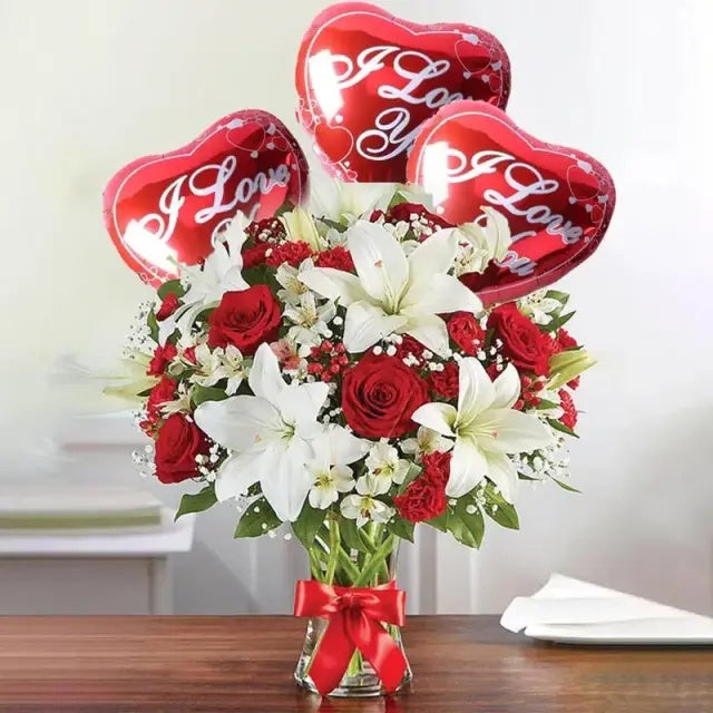 Wonderful in red and white with 3 I Love You Balloon