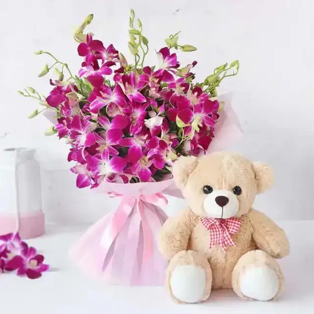 Purple Orchid Bouquet and teddy bear