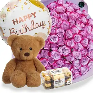 51 Purple Roses bouquet, 1 Teddy Bear, 16 pieces Ferrero Rocher chocolate and Happy Birthday foil balloon, is a perfect combo for you a birthday special
