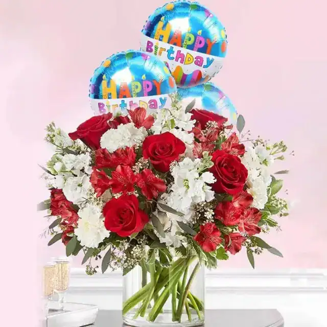 Red N White love with 3 Birthday Balloon